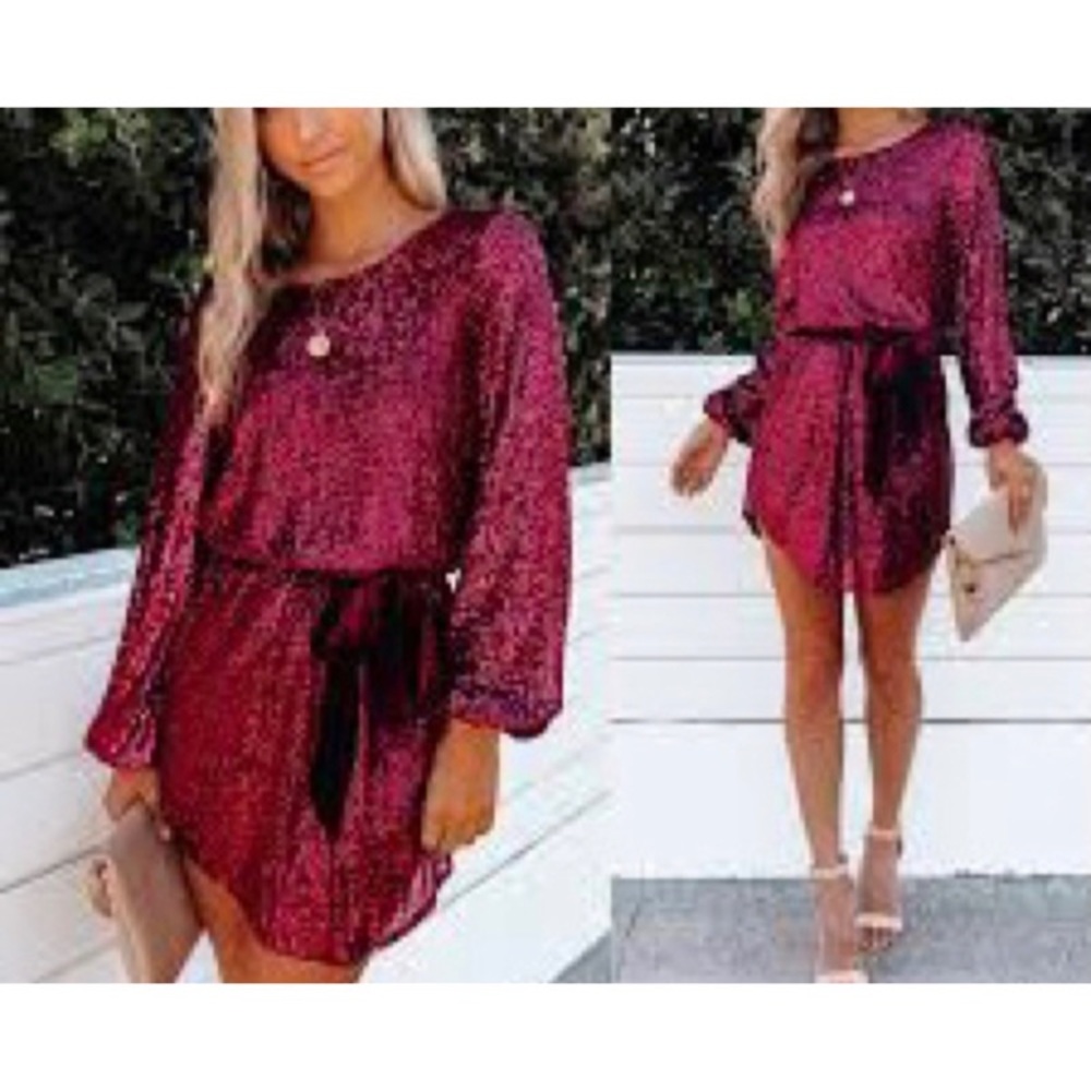 VICI Sequin Dress Red Long Sleeve w/ Velvet Waist Tie Belt - Size Small
